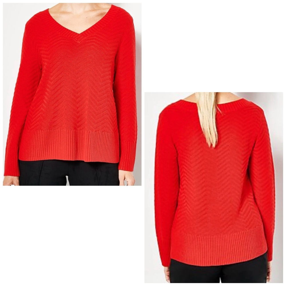 J Jason Wu Solid Chevron V-Neck Pullover Knit Sweater Red Size‎ M